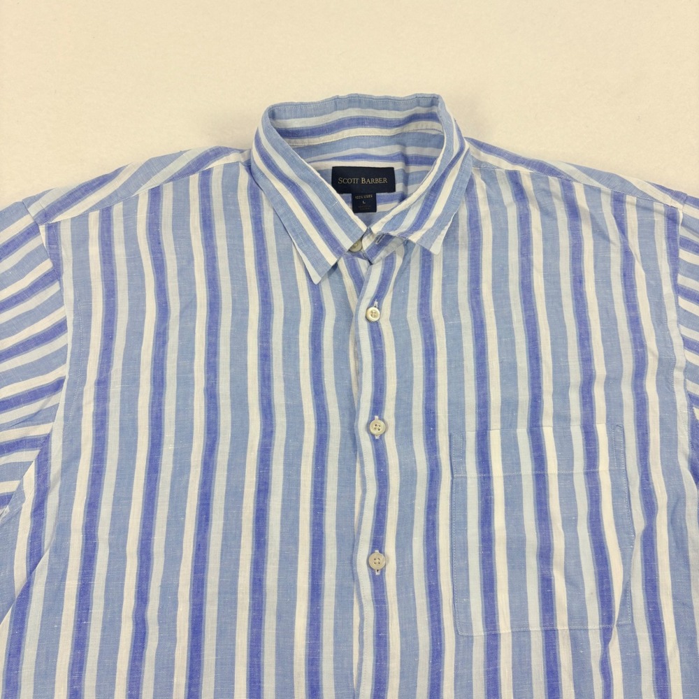 Scott Barber Mens Linen Shirt Button Up Large Blue White Stripe‎ Coastal Resort